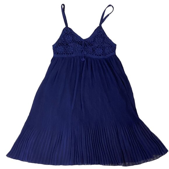 Ya Los Angeles Silk Blend Sleeveless Dress Crochet Top Pleat Skirt M Blue 254F - Picture 1 of 8